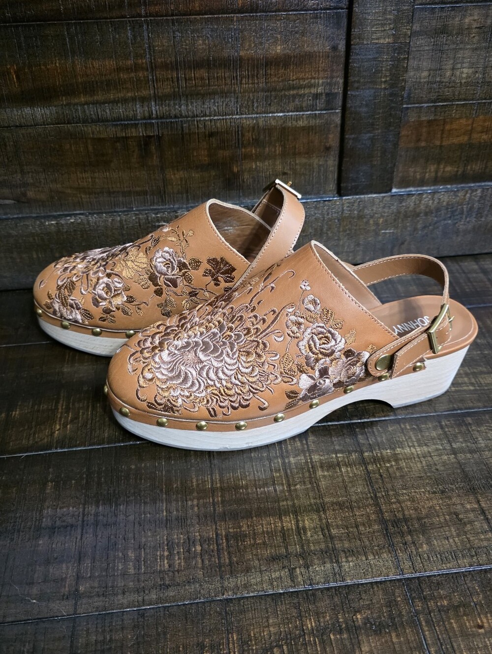 JOHNNY WAS Mono Clog Tonal Floral Embroidered Leather Boho Shoes Size 9 - Picture 2 of 5